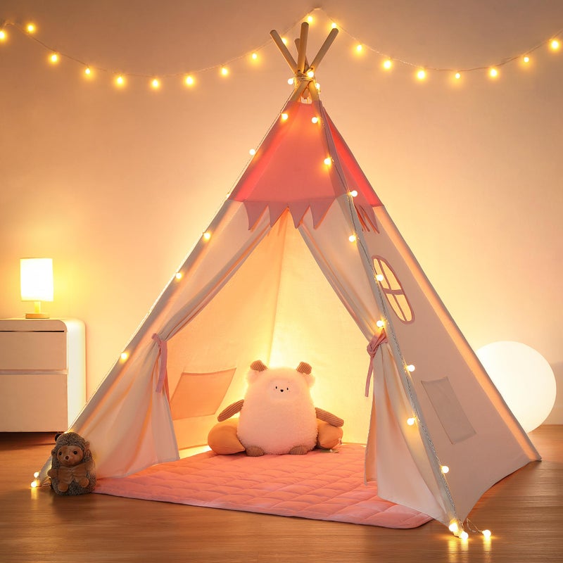 besrey  Teepee Tent for Kids IndoorKids Play Tent Toddler Teepee Girls Boys Baby Teepee Children Room Reading TpCanvas Playhouse with Lights and Mat PeachyPink Padded mat - Image 2