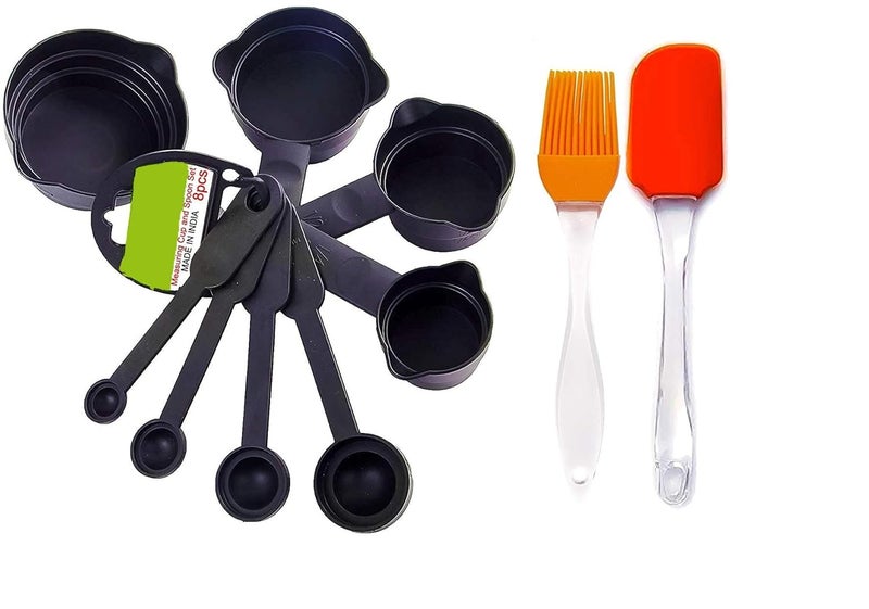 Decorcrafts Decorcrafts Popular Combo 8Pcs Black Measuring Cups and Spoons Set Silicone Series Spatula and Brush Set Made in India Silicone NonSticky Spatula and Oil Brush Reusable Kitchen Set for Cooking Multicolor  - Image 1