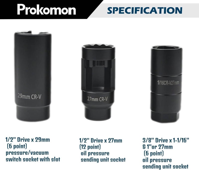 Prokomon 7pcs Oxygen Sensor Socket Set, O2 Sensor Removal Kit, Oil Pressure Sensor Socket Wrench Set - Image 2