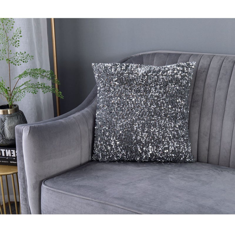 LIGICKY Set of 2 Silver Grey Glitzy Sequin Throw Pillow Covers Sparkling Decorative Gilter Metallic Square Cushion Cover Glam Pillow Cases for Sofa Couch Bedroom Home Party Decor (18 x 18 Inches) - Image 2