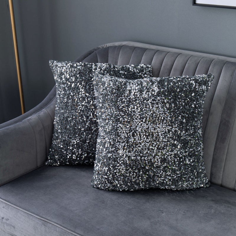 LIGICKY Set of 2 Silver Grey Glitzy Sequin Throw Pillow Covers Sparkling Decorative Gilter Metallic Square Cushion Cover Glam Pillow Cases for Sofa Couch Bedroom Home Party Decor (18 x 18 Inches) - Image 1