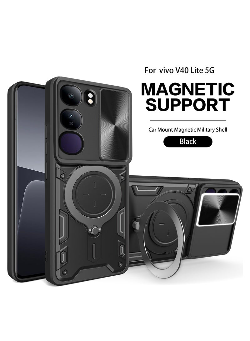 غطاء الحالة لـ vivo V40 Lite 5G, غطاء عدسة الكاميرا الشريحة, حلقة الركض 360 درجة الدوار, حالة الهاتف المضادة للصدمات ، متوافقة مع حالة الهاتف المحمول المغناطيسي للسيارة لـ vivo V40 Lite 5G الأسود