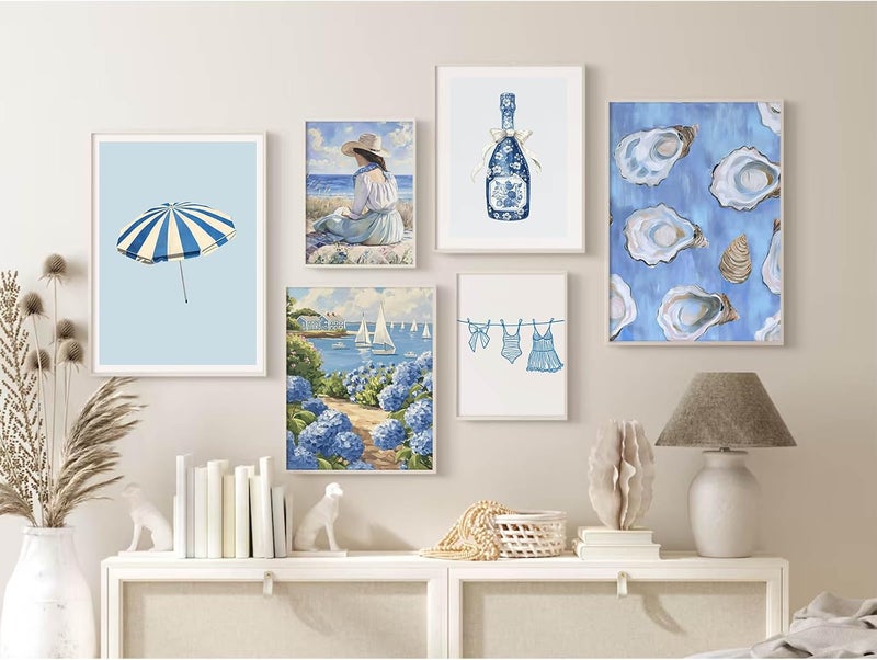 Baccone Coastal Cowgirl Wall Art Set of 6 Beach Canvas Wall Decor Blue Aesthetic Wall Art Preppy Coquette Poster Trendy Beachy Pictures Coastal Granddaughter Prints for Living Room Bedroom 8x10 Inch Unframed - Image 3