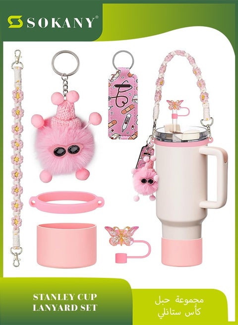 6 Pieces Tumbler Accessories for Cup, Water Bottle Handle Strap for 30, 40 oz tumbler with handle, including Straw Toppers, Silicone Cup Boot, Keychain Charms (Pink)