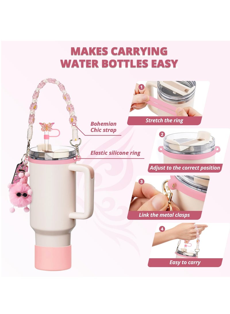 sokany 6 Pieces Tumbler Accessories for Cup, Water Bottle Handle Strap for 30, 40 oz tumbler with handle, including Straw Toppers, Silicone Cup Boot, Keychain Charms (Pink) - Image 3