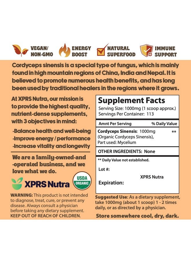 XPRS Nutra Organic Cordyceps Mushroom Powder - Premium Cordyceps Mushrooms - Real Mushrooms Cordyceps Powder Supplement for Energy and Immune Support - Vegan-Friendly Mushroom Cordyceps (4 oz) - Image 2