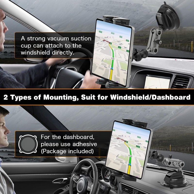 Baishun Tablet Mount for Car/Truck Heavy Duty, 360° Adjustable Tablet Stand Wall Mount Holder for Kitchen Vehicle Dashboard Windshield, Compatible with iPad Pro/Air/Mini 4.7-12.9" Tablets Cellphones - Image 2