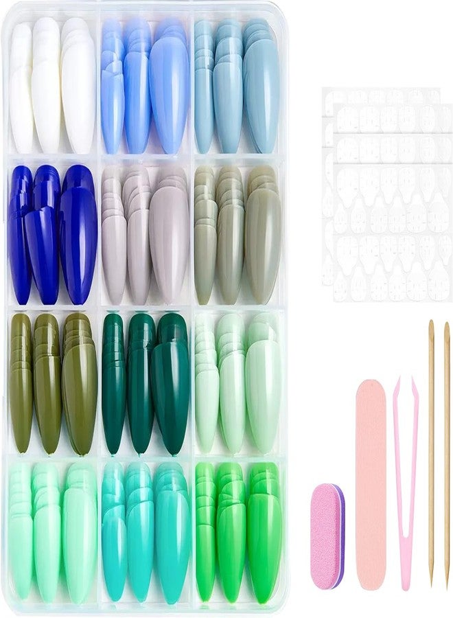 ROKHEVN 288Pcs Press on Nails Medium Almond Fake Nails Pure Color False Nails with White Blue Green Glue on Nail 12 Color Full Cover Acrylic Nail Press ons Shiny Reusable Artificial Nail for women Manicure - Image 2