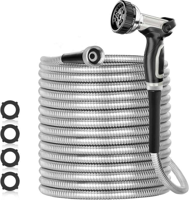SPECILITE 25ft 304 Stainless Steel Garden Hose Metal, Heavy Duty Water Pipe with Nozzles for Yard, Outdoor - Flexible, Never Kink & Tangle, Puncture Resistant (Sliver) - Image 1
