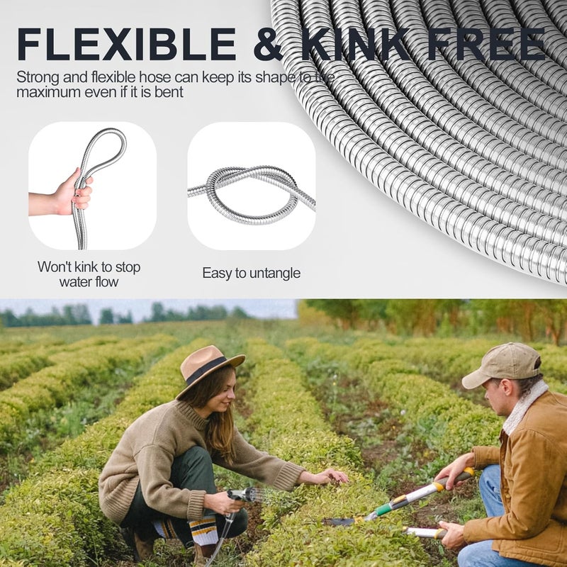 SPECILITE 25ft 304 Stainless Steel Garden Hose Metal, Heavy Duty Water Pipe with Nozzles for Yard, Outdoor - Flexible, Never Kink & Tangle, Puncture Resistant (Sliver) - Image 4