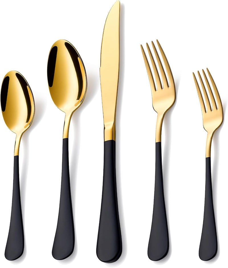 Lekoton 20 Piece Gold and Black 180 Flatware Utensil Set for 4 Include Dinner KnifeDinner ForksDinner SpoonsSalad ForksTeaspoonsSilverware Set for 4 Dishwasher Safe - Image 1