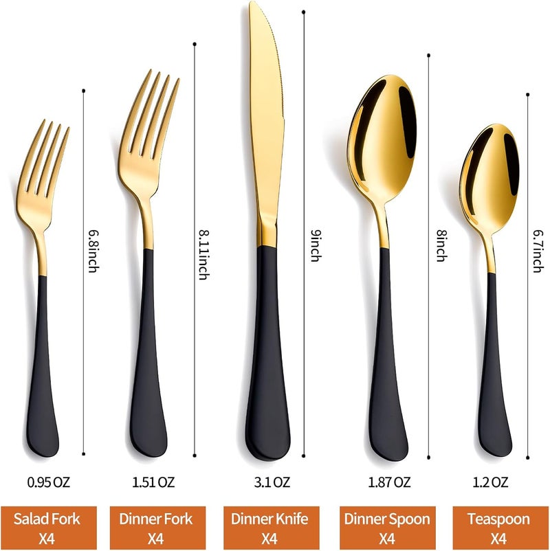 Lekoton 20 Piece Gold and Black 180 Flatware Utensil Set for 4 Include Dinner KnifeDinner ForksDinner SpoonsSalad ForksTeaspoonsSilverware Set for 4 Dishwasher Safe - Image 2