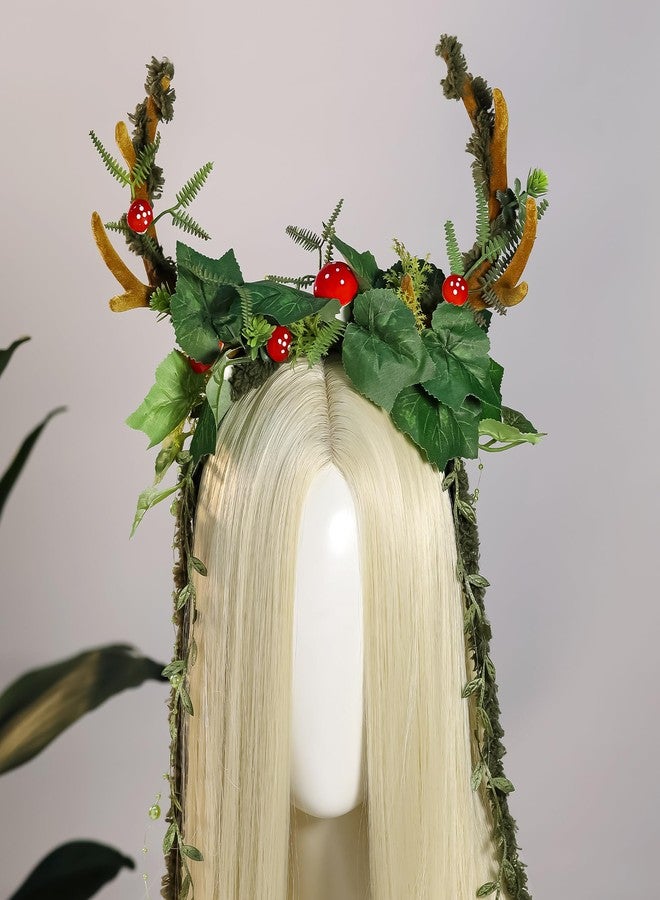 MOSTORY Woodland Mushroom Antlers Headband - Forest Ivy Reindeer Headpiece for Mother Nature Costume Women, Floral Deer Horns Headpiece with Vine for Renaissance Renfaire Cosplay Fairy Aesthetic - Image 3