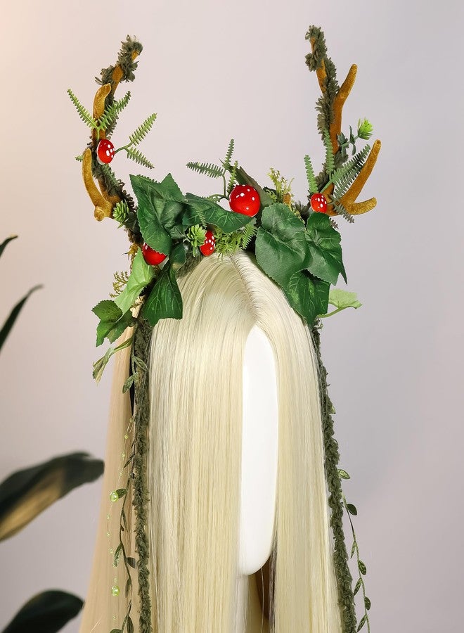 MOSTORY Woodland Mushroom Antlers Headband - Forest Ivy Reindeer Headpiece for Mother Nature Costume Women, Floral Deer Horns Headpiece with Vine for Renaissance Renfaire Cosplay Fairy Aesthetic - Image 4