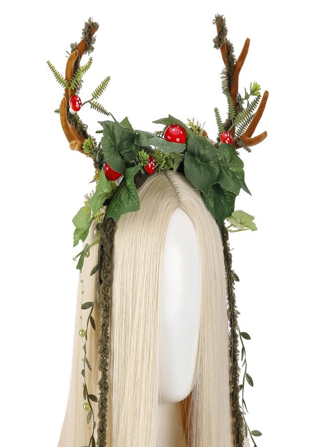 MOSTORY Woodland Mushroom Antlers Headband - Forest Ivy Reindeer Headpiece for Mother Nature Costume Women, Floral Deer Horns Headpiece with Vine for Renaissance Renfaire Cosplay Fairy Aesthetic - Image 2