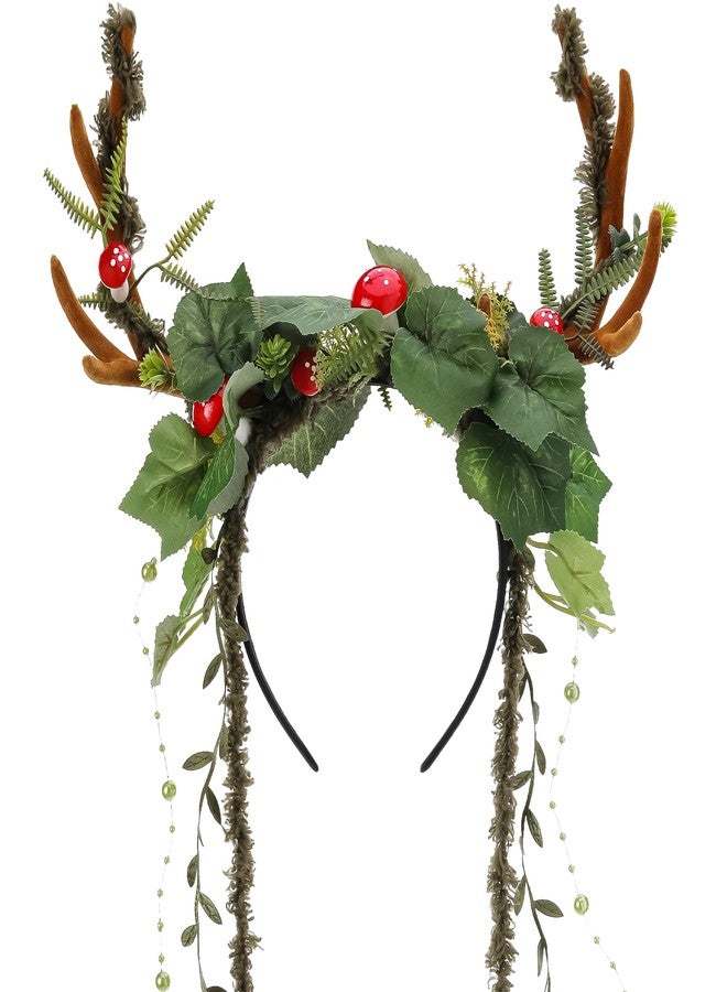 MOSTORY Woodland Mushroom Antlers Headband - Forest Ivy Reindeer Headpiece for Mother Nature Costume Women, Floral Deer Horns Headpiece with Vine for Renaissance Renfaire Cosplay Fairy Aesthetic - Image 1