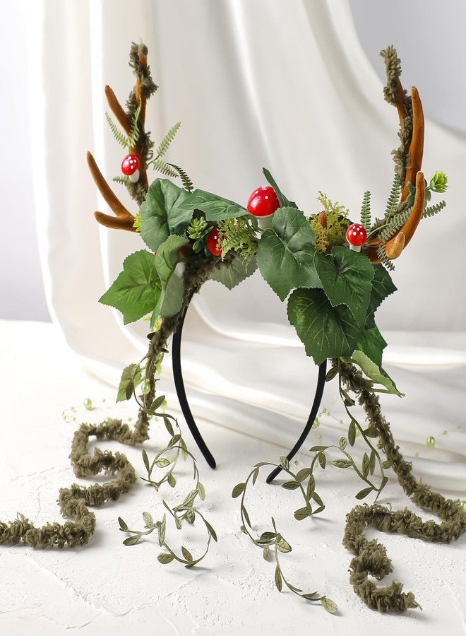 MOSTORY Woodland Mushroom Antlers Headband - Forest Ivy Reindeer Headpiece for Mother Nature Costume Women, Floral Deer Horns Headpiece with Vine for Renaissance Renfaire Cosplay Fairy Aesthetic - Image 5