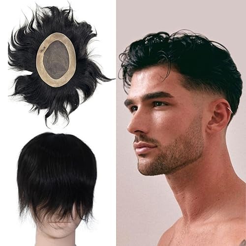 Beuni Smart Hair Patch For Men Monofilament Apollo Mono Wig With 100 Percent Natural Human Hair Long Lasting Soft Fit Base Natural Black 9x7 Inch - Image 1