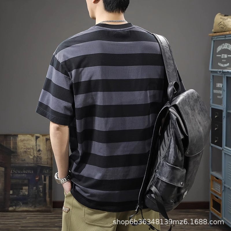 American Retro Stripesd Short-Sleeved T-Shirt For Men 2025 Heavy Cotton Men'S Half-Sleeved Shirt T-Shirt For Boys - Image 5