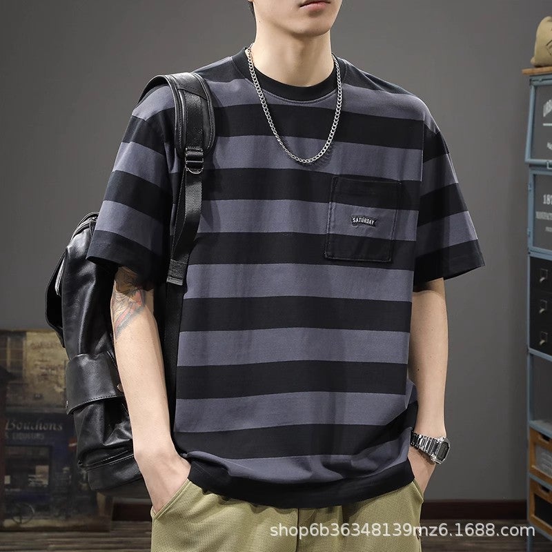 American Retro Stripesd Short-Sleeved T-Shirt For Men 2025 Heavy Cotton Men'S Half-Sleeved Shirt T-Shirt For Boys - Image 1