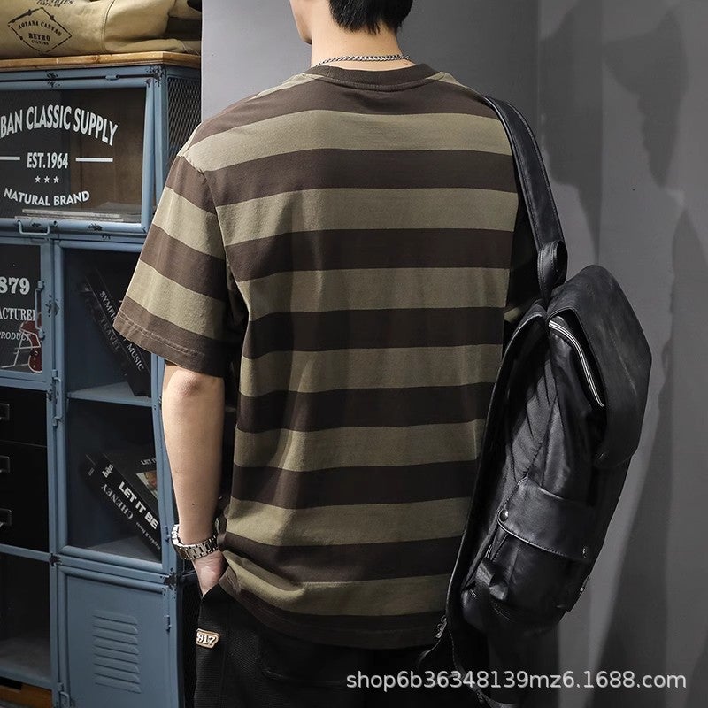 American Retro Stripesd Short-Sleeved T-Shirt For Men 2025 Heavy Cotton Men'S Half-Sleeved Shirt T-Shirt For Boys - Image 3