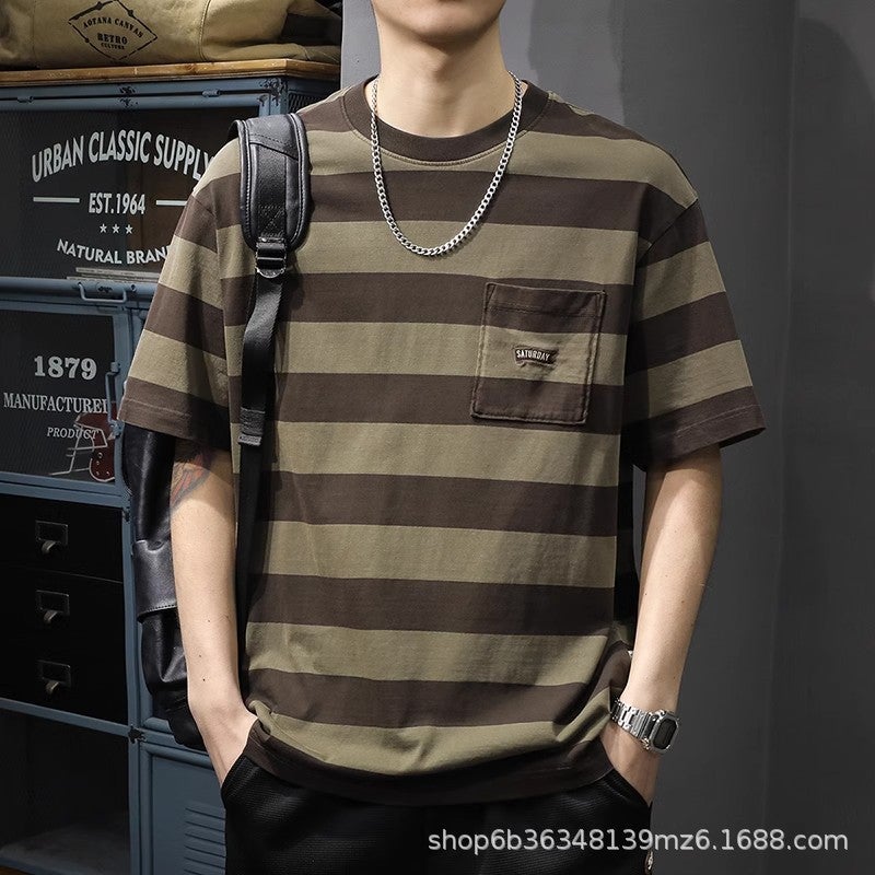 American Retro Stripesd Short-Sleeved T-Shirt For Men 2025 Heavy Cotton Men'S Half-Sleeved Shirt T-Shirt For Boys - Image 2