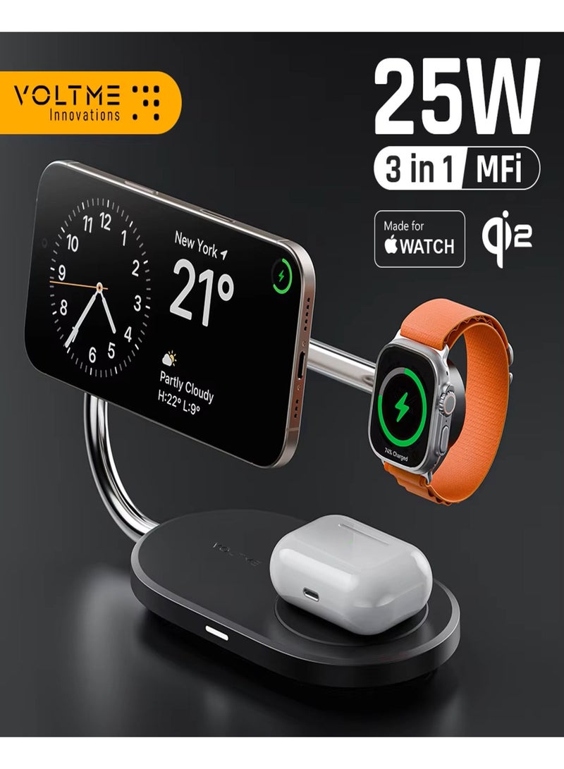 فولتمي محطة شحن لاسلكي ثلاثة في واحد بتقنية Qi2 بقدرة خمسة وعشرين واط، شاحن MagSafe مغناطيسي قابل للطي معتمد MFi مع محول طاقة أربعين واط، شحن لاسلكي مغناطيسي سريع بقدرة خمسة عشر واط لهواتف آيفون Air وسلسلة سبعة عشر وستة عشر وخمسة عشر وأربعة عشر وثلاثة عشر واثني عشر، ساعة أبل ألترا وأحد عشر وعشرة وتسعة وSE، وسماعات AirPods أربعة وبرو اثنين وبرو ثلاثة، قاعدة شحن للسفر - Image 1