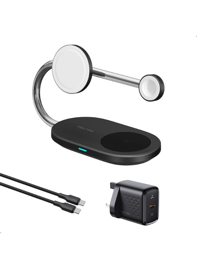 فولتمي محطة شحن لاسلكي ثلاثة في واحد بتقنية Qi2 بقدرة خمسة وعشرين واط، شاحن MagSafe مغناطيسي قابل للطي معتمد MFi مع محول طاقة أربعين واط، شحن لاسلكي مغناطيسي سريع بقدرة خمسة عشر واط لهواتف آيفون Air وسلسلة سبعة عشر وستة عشر وخمسة عشر وأربعة عشر وثلاثة عشر واثني عشر، ساعة أبل ألترا وأحد عشر وعشرة وتسعة وSE، وسماعات AirPods أربعة وبرو اثنين وبرو ثلاثة، قاعدة شحن للسفر - Image 2