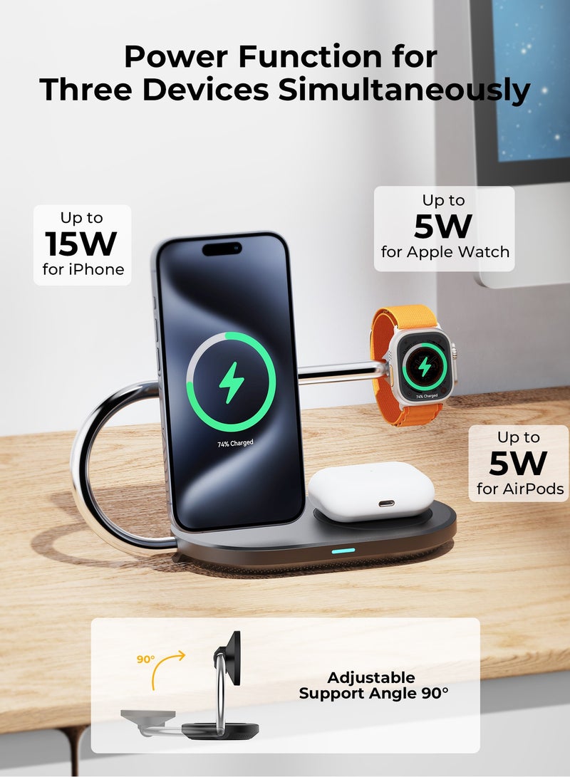 فولتمي محطة شحن لاسلكي ثلاثة في واحد بتقنية Qi2 بقدرة خمسة وعشرين واط، شاحن MagSafe مغناطيسي قابل للطي معتمد MFi مع محول طاقة أربعين واط، شحن لاسلكي مغناطيسي سريع بقدرة خمسة عشر واط لهواتف آيفون Air وسلسلة سبعة عشر وستة عشر وخمسة عشر وأربعة عشر وثلاثة عشر واثني عشر، ساعة أبل ألترا وأحد عشر وعشرة وتسعة وSE، وسماعات AirPods أربعة وبرو اثنين وبرو ثلاثة، قاعدة شحن للسفر - Image 3