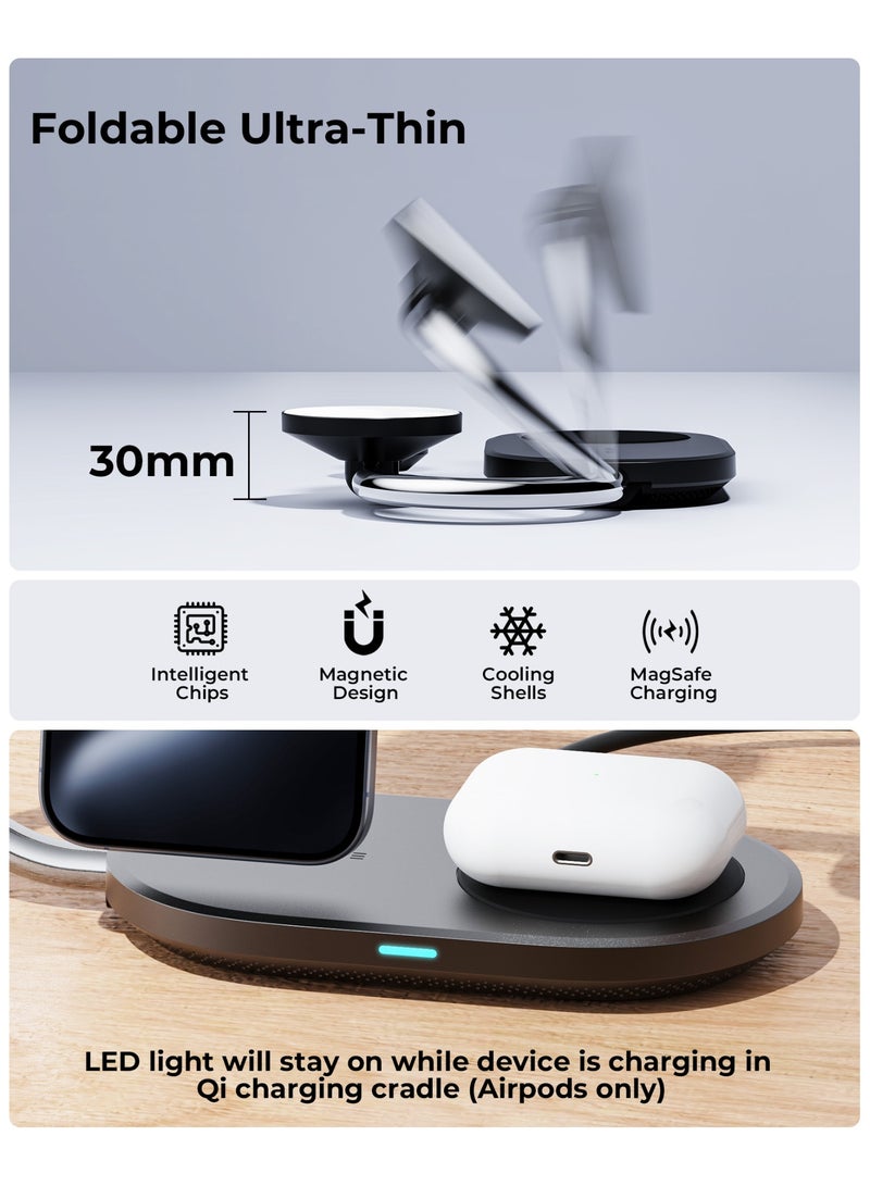 فولتمي محطة شحن لاسلكي ثلاثة في واحد بتقنية Qi2 بقدرة خمسة وعشرين واط، شاحن MagSafe مغناطيسي قابل للطي معتمد MFi مع محول طاقة أربعين واط، شحن لاسلكي مغناطيسي سريع بقدرة خمسة عشر واط لهواتف آيفون Air وسلسلة سبعة عشر وستة عشر وخمسة عشر وأربعة عشر وثلاثة عشر واثني عشر، ساعة أبل ألترا وأحد عشر وعشرة وتسعة وSE، وسماعات AirPods أربعة وبرو اثنين وبرو ثلاثة، قاعدة شحن للسفر - Image 5