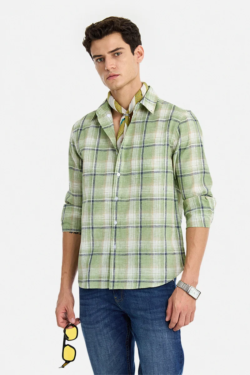 سنيتش Green Checkered Long Sleeve Regular Fit Casual Shirt