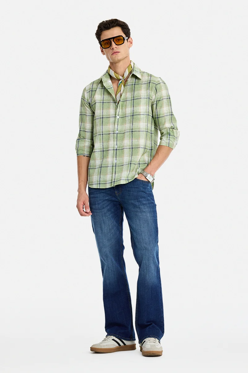 سنيتش Green Checkered Long Sleeve Regular Fit Casual Shirt