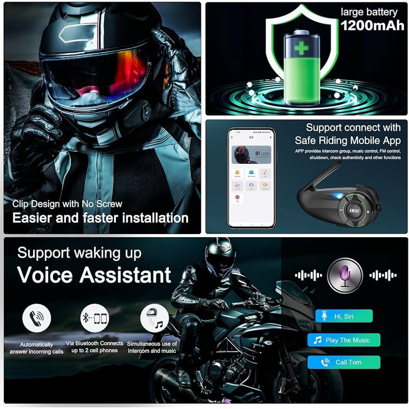 EJEAS Q8 2PC Motorcycle Bluetooth Headset, Upgraded Mesh 3.0 Intercom System with Music Sharing and IP67 Waterproof for 6 Riders Group Talking - Image 5