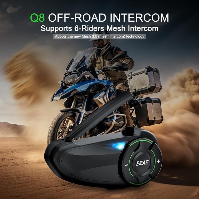 EJEAS Q8 2PC Motorcycle Bluetooth Headset, Upgraded Mesh 3.0 Intercom System with Music Sharing and IP67 Waterproof for 6 Riders Group Talking - Image 2