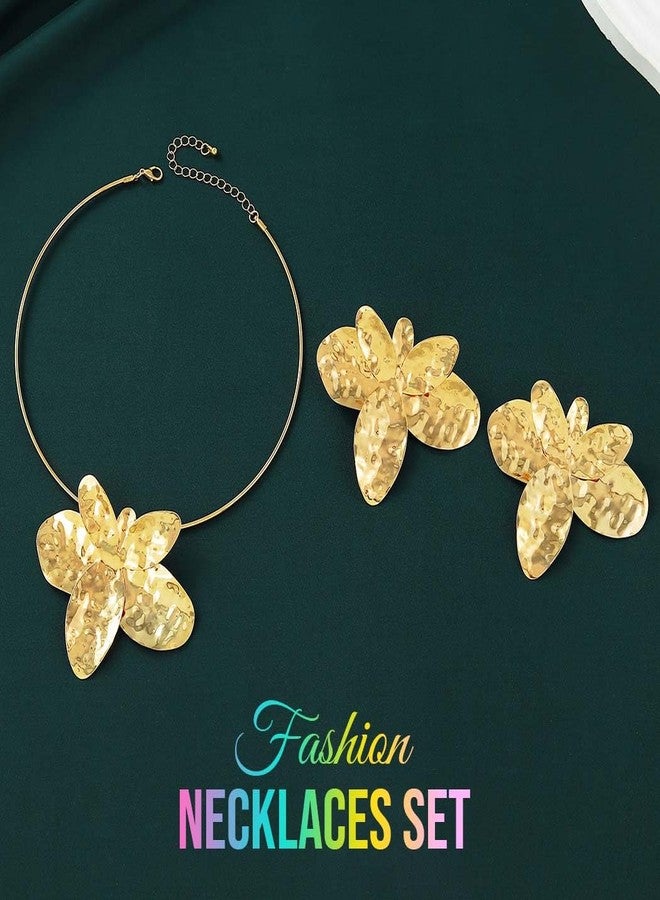 Brishow Gold Flower Jewelry Set Wedding Statement Necklace and Earrings Bridal Floral Choker for Women (Gold) - Image 2