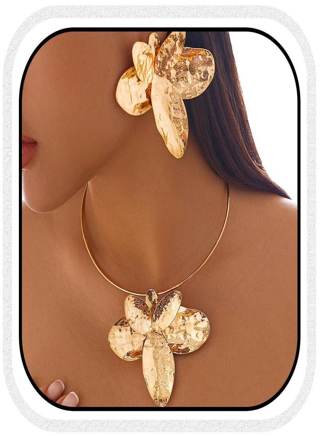 Brishow Gold Flower Jewelry Set Wedding Statement Necklace and Earrings Bridal Floral Choker for Women (Gold) - Image 1