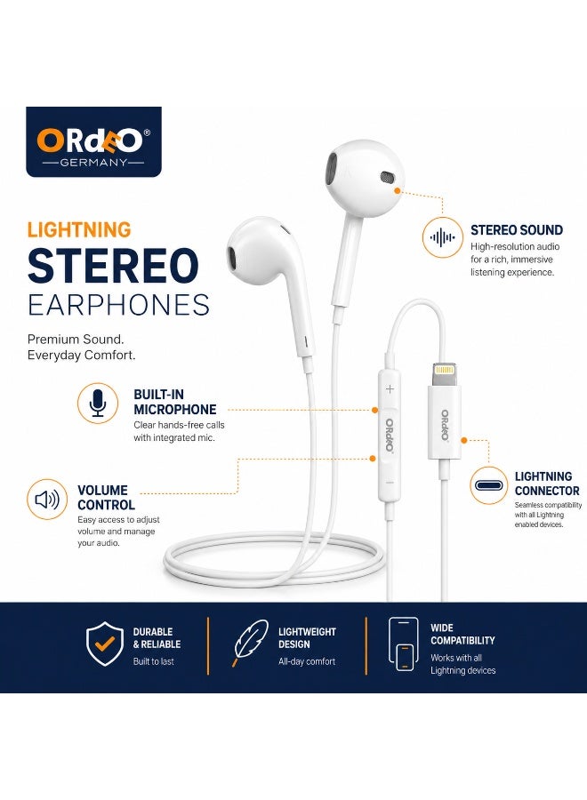 ORdEO OR-HF181 Lightning Stereo Earphones with Built-in Microphone and Volume Control, White - Image 3