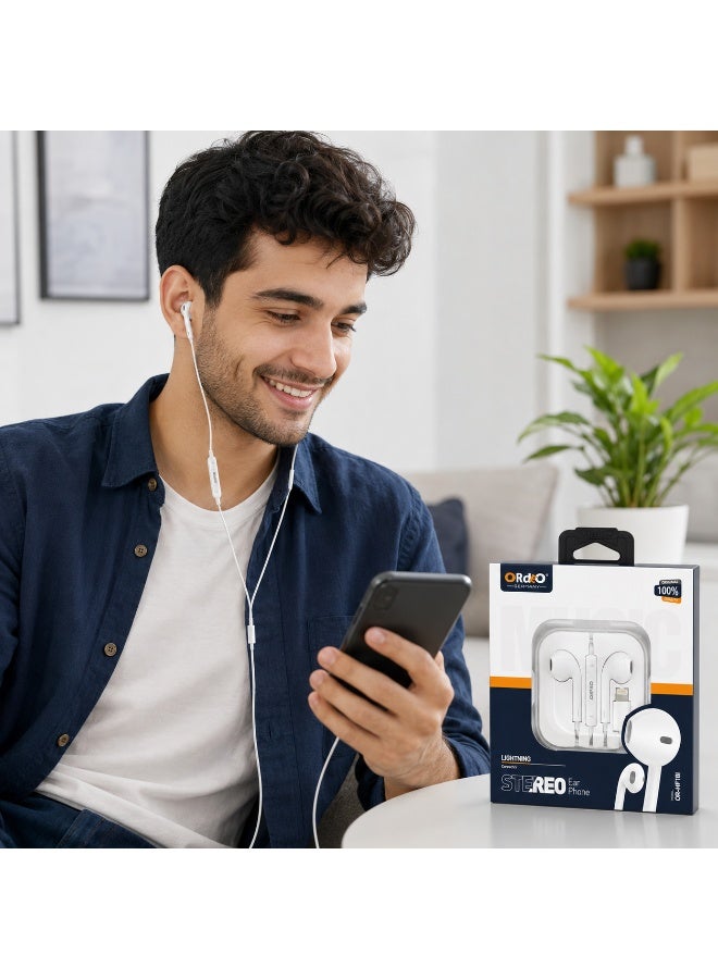 ORdEO OR-HF181 Lightning Stereo Earphones with Built-in Microphone and Volume Control, White - Image 4