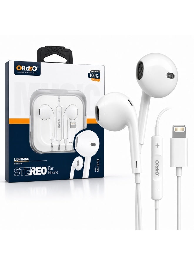ORdEO OR-HF181 Lightning Stereo Earphones with Built-in Microphone and Volume Control, White - Image 1