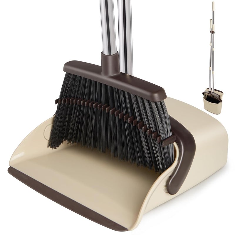 XXFLOWER Broom and Dustpan Set Dustpans with Broom Combo for Home Heavy Dust Broom and Dustpan Combo Long Handle Dust Pan and Broom Set for Kitchen Office Pet HairBeige Pack of 1 - Image 1