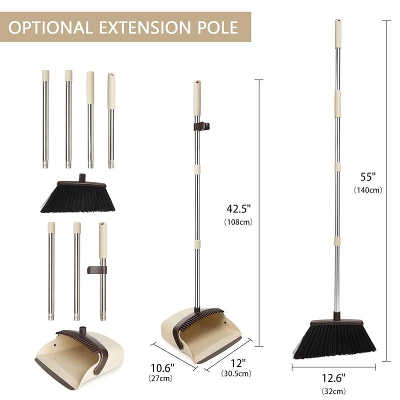 XXFLOWER Broom and Dustpan Set Dustpans with Broom Combo for Home Heavy Dust Broom and Dustpan Combo Long Handle Dust Pan and Broom Set for Kitchen Office Pet HairBeige Pack of 1 - Image 2