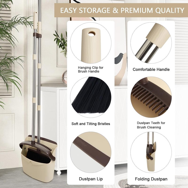 XXFLOWER Broom and Dustpan Set Dustpans with Broom Combo for Home Heavy Dust Broom and Dustpan Combo Long Handle Dust Pan and Broom Set for Kitchen Office Pet HairBeige Pack of 1 - Image 3