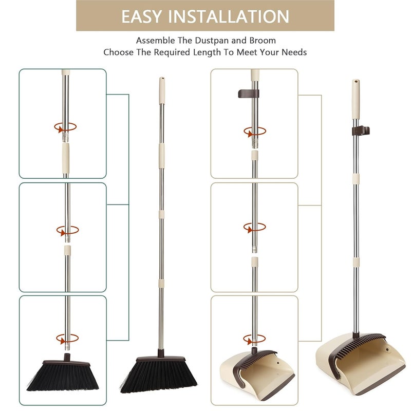 XXFLOWER Broom and Dustpan Set Dustpans with Broom Combo for Home Heavy Dust Broom and Dustpan Combo Long Handle Dust Pan and Broom Set for Kitchen Office Pet HairBeige Pack of 1 - Image 4
