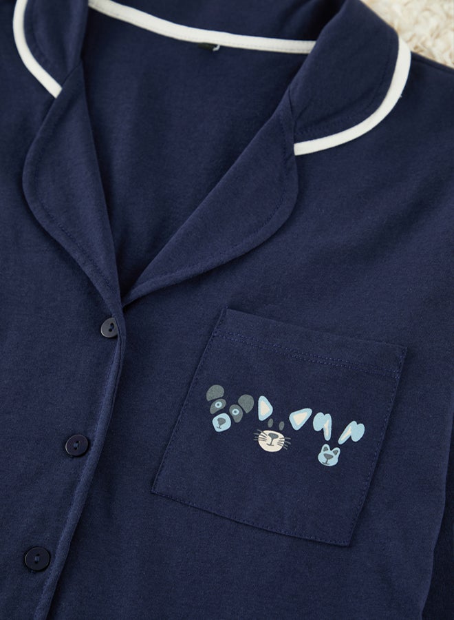 trendyol Navy Blue Cotton Piping and Pocket Detailed Printed Knitted Pajama Set THMAW22PT0785 - Image 2