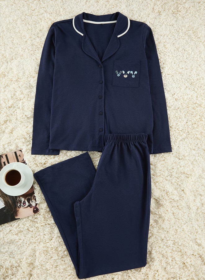 trendyol Navy Blue Cotton Piping and Pocket Detailed Printed Knitted Pajama Set THMAW22PT0785 - Image 1