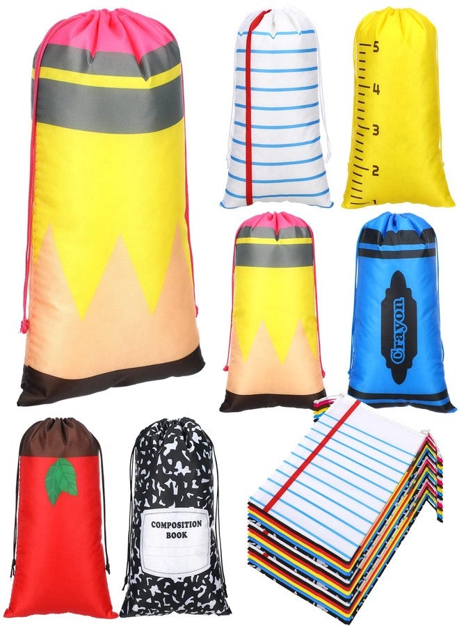 SilTriangle 24 Pcs Back to School Teacher Gifts Bulk 10 x 7'' Drawstring Bags 6 Styles Pencil Notebooks Crayon Notebook Thank You Gifts for Teachers Students First Day of School Classroom Party Favors - Image 1