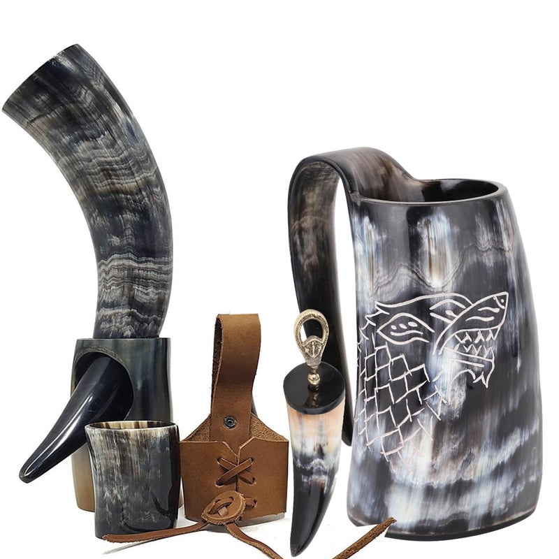 Brainmart Viking Drinking Horn Mug Set  6 Piece Collection with Leather Strap Drinking Horn Stand Bottle Opener Shot Glass  16 Oz DireWolf Engraved Horn Mug