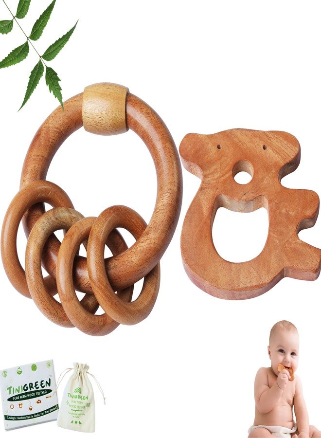 TINIGREEN Neem Wooden Baby Teether Natural Neem Wood Teething Toy for Infants 3–12 Months Chemical-Free, Handcrafted Baby Teether (Pack of 2) (Teddy-Rattle) - Image 1