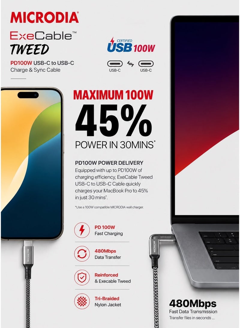 ميكروديا مايكروديا EXECable Tweed كابل USB-C إلى USB-C PD100W للشحن السريع، نقل بيانات بسرعة 480Mbps، نايلون مضفر ثلاثي الطبقات، شريحة E-Mark ذكية، بطول 1.3 متر أو 2.6 متر - Image 5