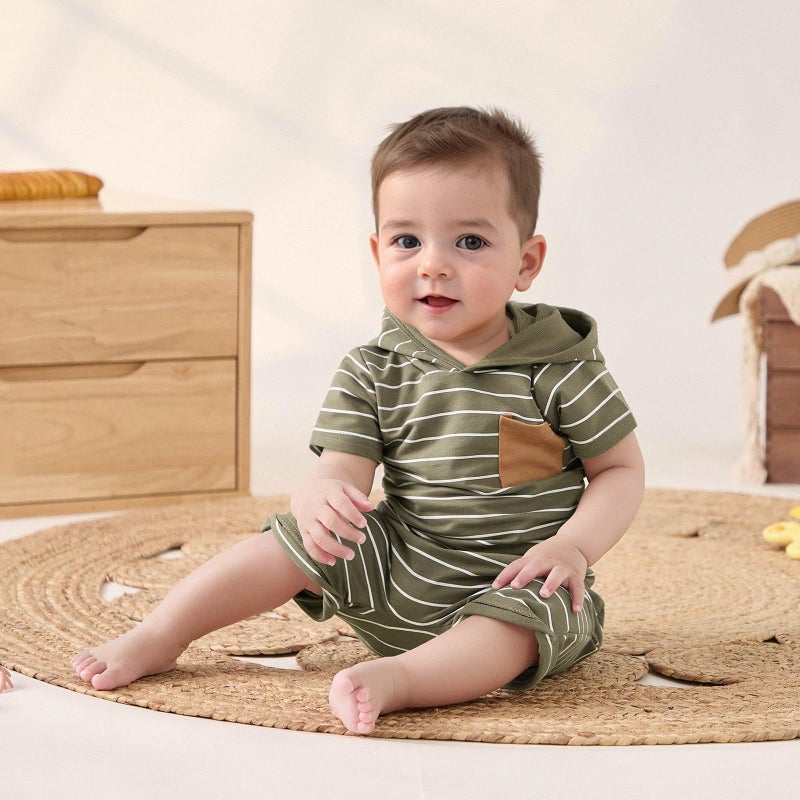 FOCUSNORM Toddler Baby Boy Summer Clothes Stripe Short Sleeve Hooded T-Shirt Elastic Waist Shorts Newborn Infant Boy Outfits (Stripe Army Green, 18-24 Months) - Image 2
